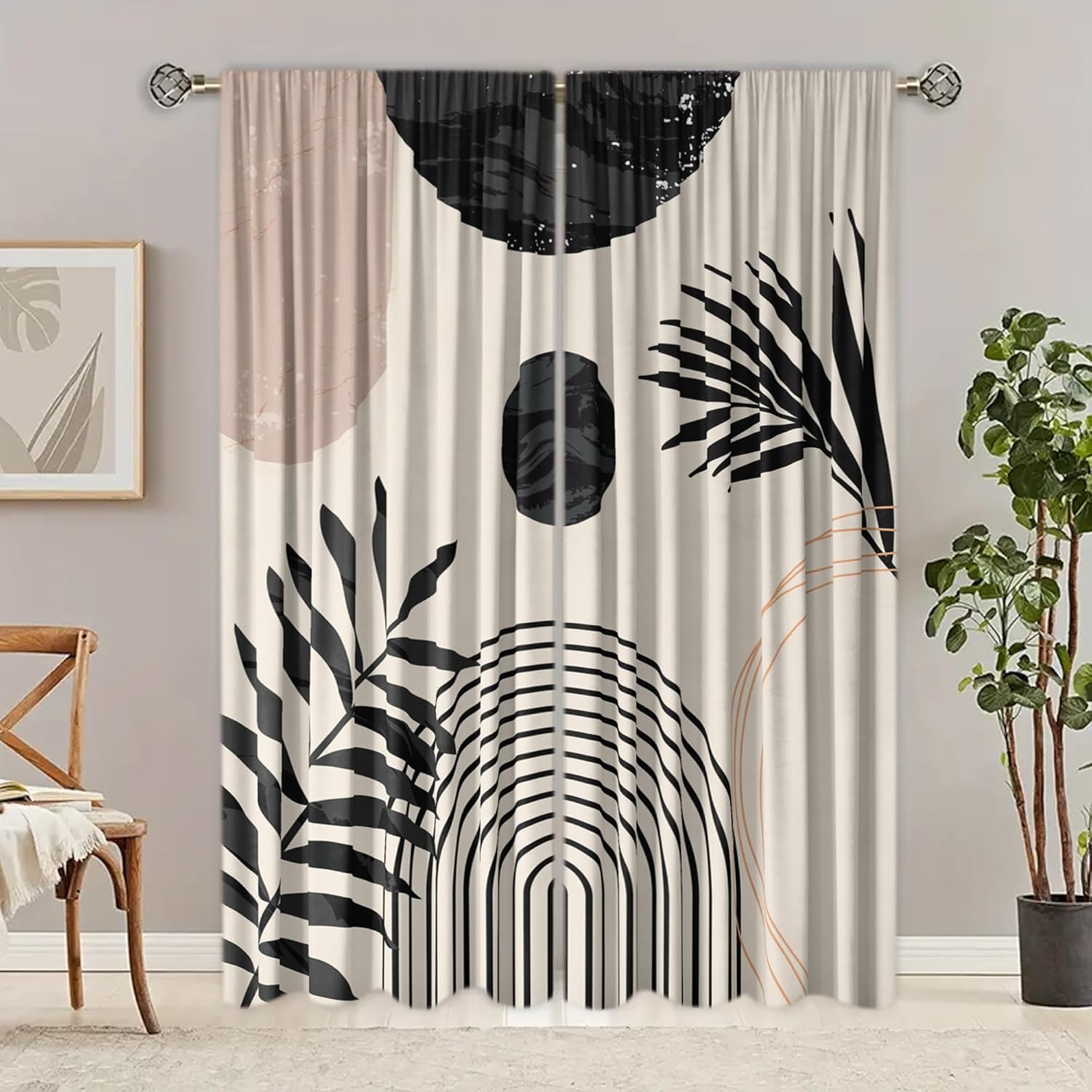 Boho Mid Century Black and White Living Room Curtain 84 inches Long Arch Sun Leaves Curtain