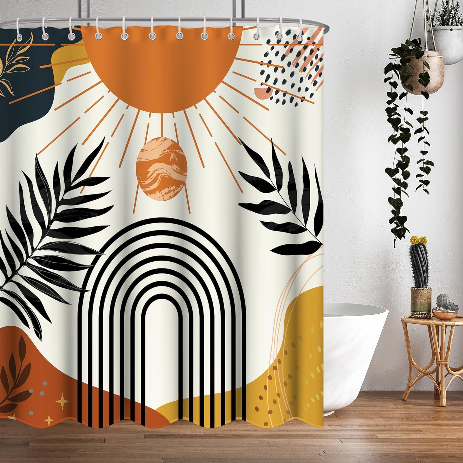 72" x72" Abstract Tangerine Boho Shower Curtain Set,Arch Sun Design,Sage Green Minimalistic Leaves Pattern,Waterproof and Durable Luxurious Fabric-12 Hooks