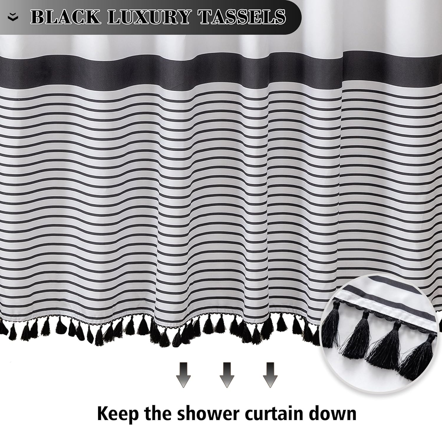 Microfiber Soft Fabric Waterproof Shower Curtain Farmhouse Black and White Striped 72"x72" Sets with Black Boho Tassels Modern Classics Curtains for Bathroom