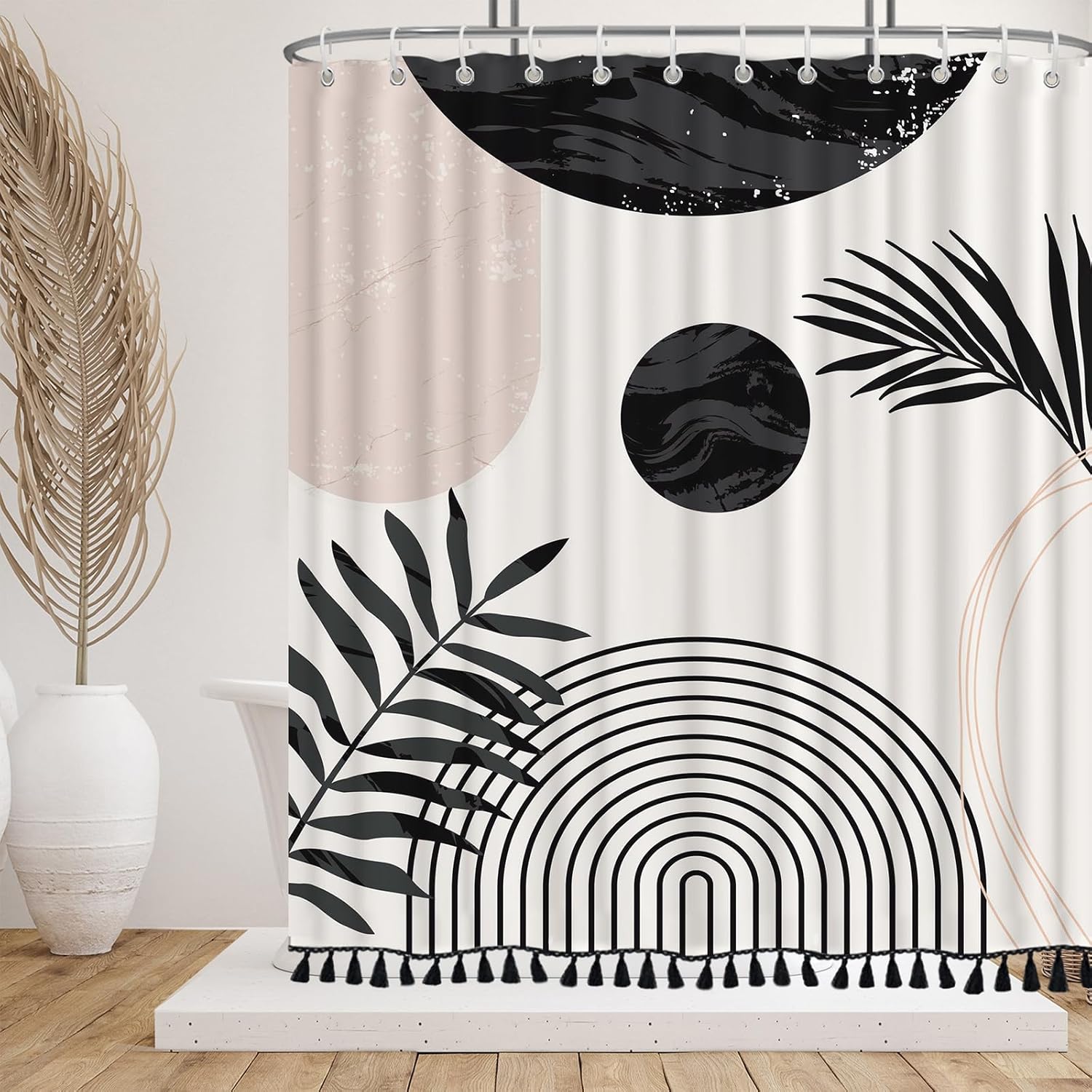 72"X72" Boho Shower Curtain Sets with Tassel Pendants Arch Sun Modern Minimalistic Leaves Bathroom Curtains