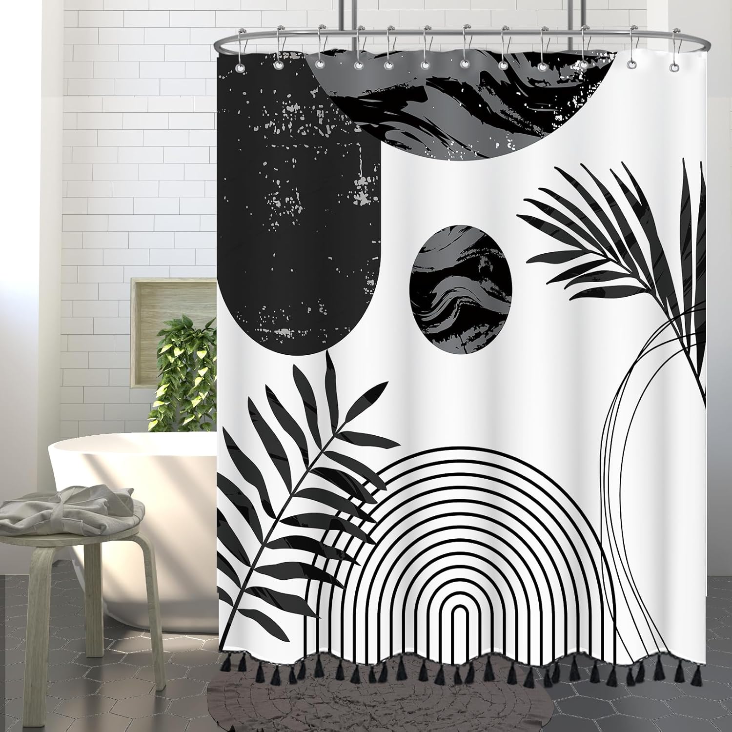 72" x 72" Black and White Boho Shower Curtain Set with Black Tassel Accents and Modern Minimalistic Design Waterproof Polyester,12 Anti Rust Hooks