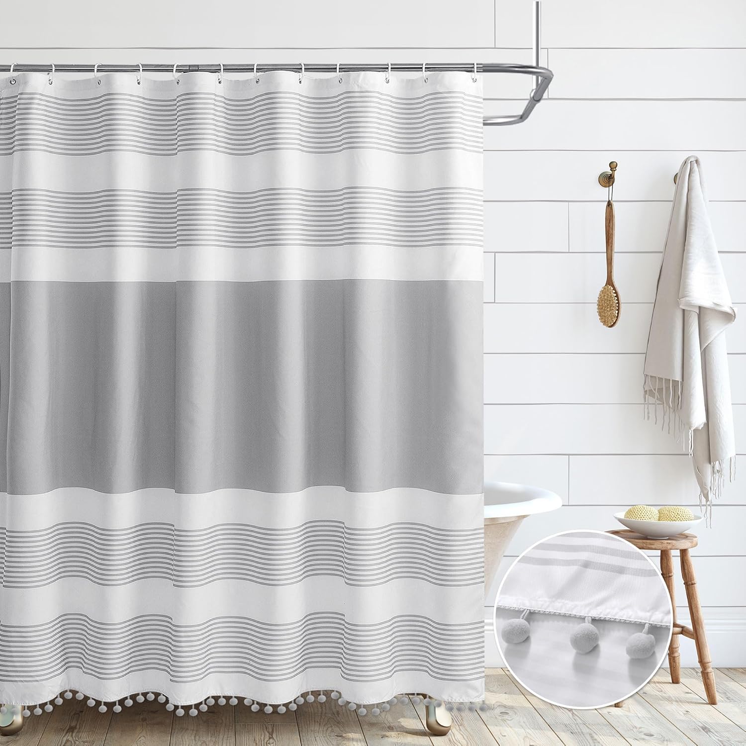 72"x72" Luxury Fabric Farmhouse Grey Shower Curtain Gray with Pompom Linen Boho Modern Classics Striped Curtains for Bathroom