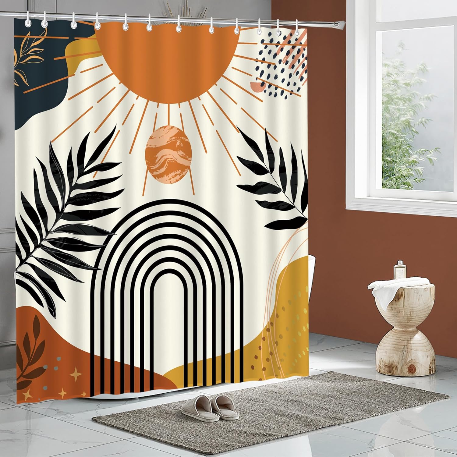 72" x72" Abstract Tangerine Boho Shower Curtain Set,Arch Sun Design,Sage Green Minimalistic Leaves Pattern,Waterproof and Durable Luxurious Fabric-12 Hooks