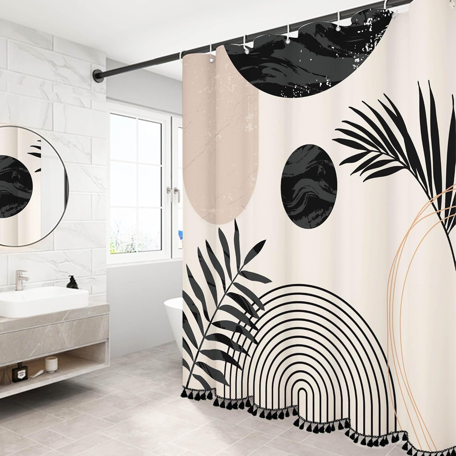 72"X72" Boho Shower Curtain Sets with Tassel Pendants Arch Sun Modern Minimalistic Leaves Bathroom Curtains