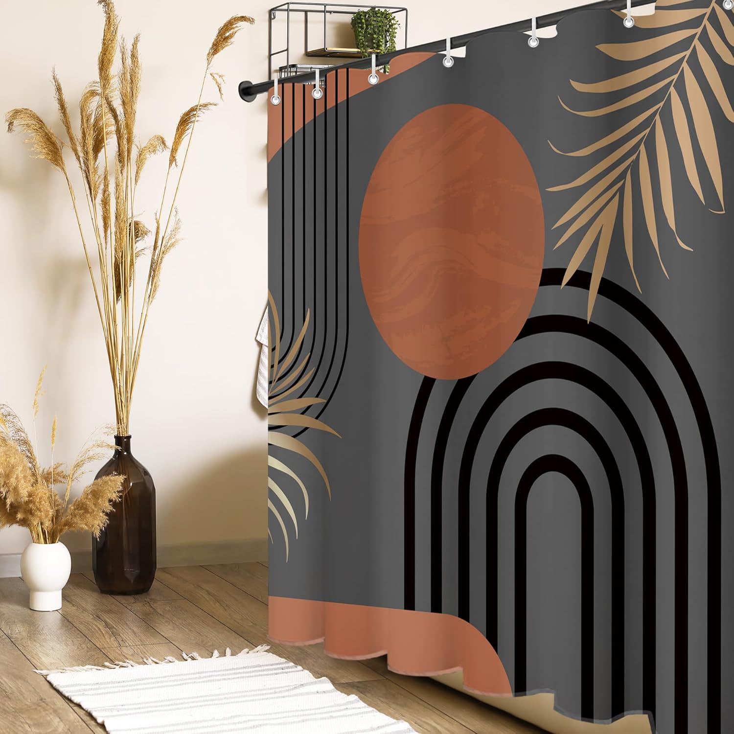 72"X72" Brown Abstract Boho Mid Century Leaf Shower Curtain,Arch Sun Design, Minimalistic Leaves Pattern,Waterproof and Luxurious BrownFabric-12 Hooks