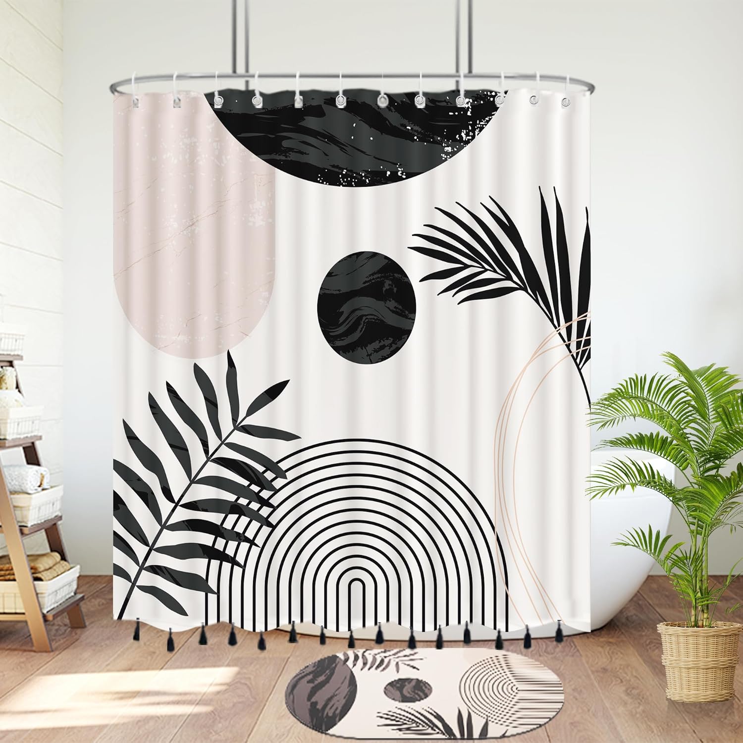 72"X72" Boho Shower Curtain Sets with Tassel Pendants Arch Sun Modern Minimalistic Leaves Bathroom Curtains