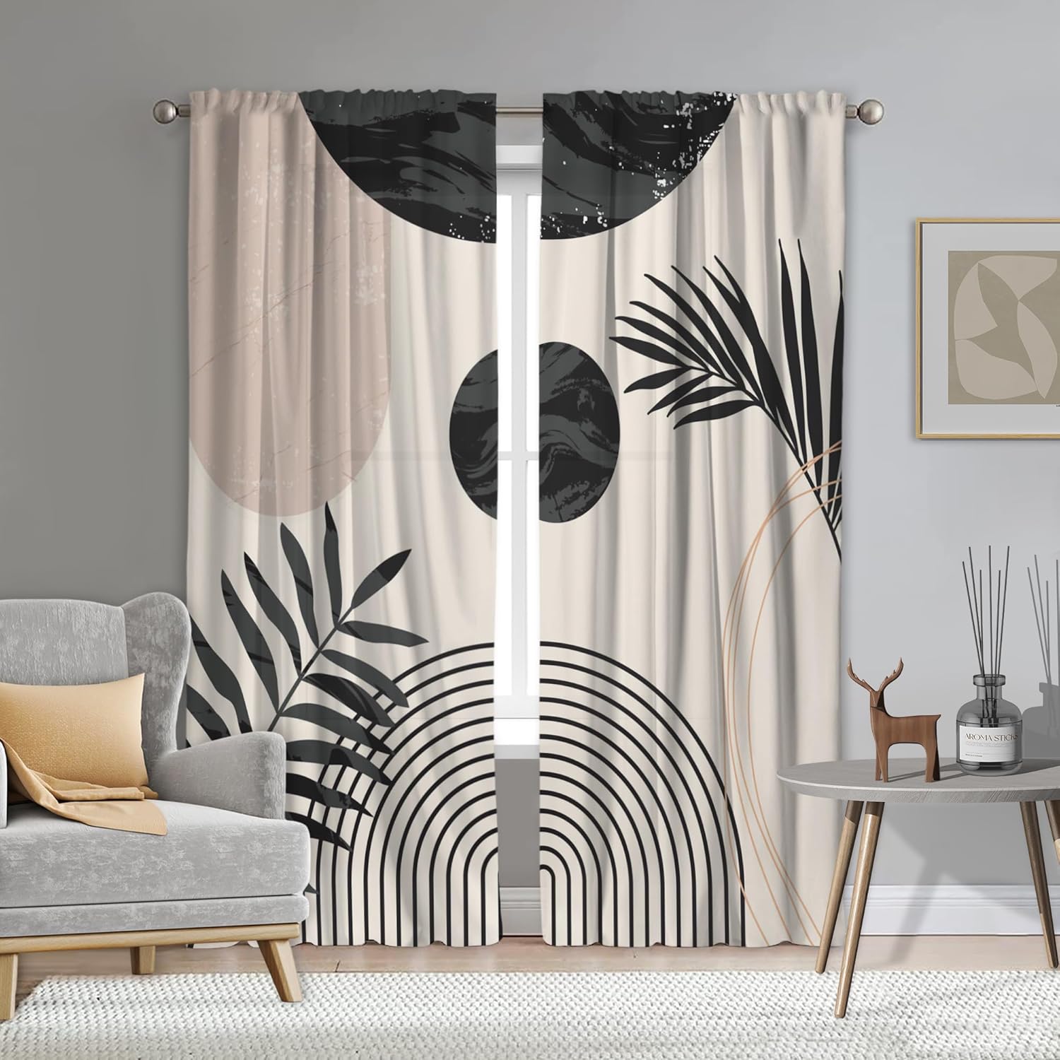 Boho Mid Century Black and White Living Room Curtain 84 inches Long Arch Sun Leaves Curtain