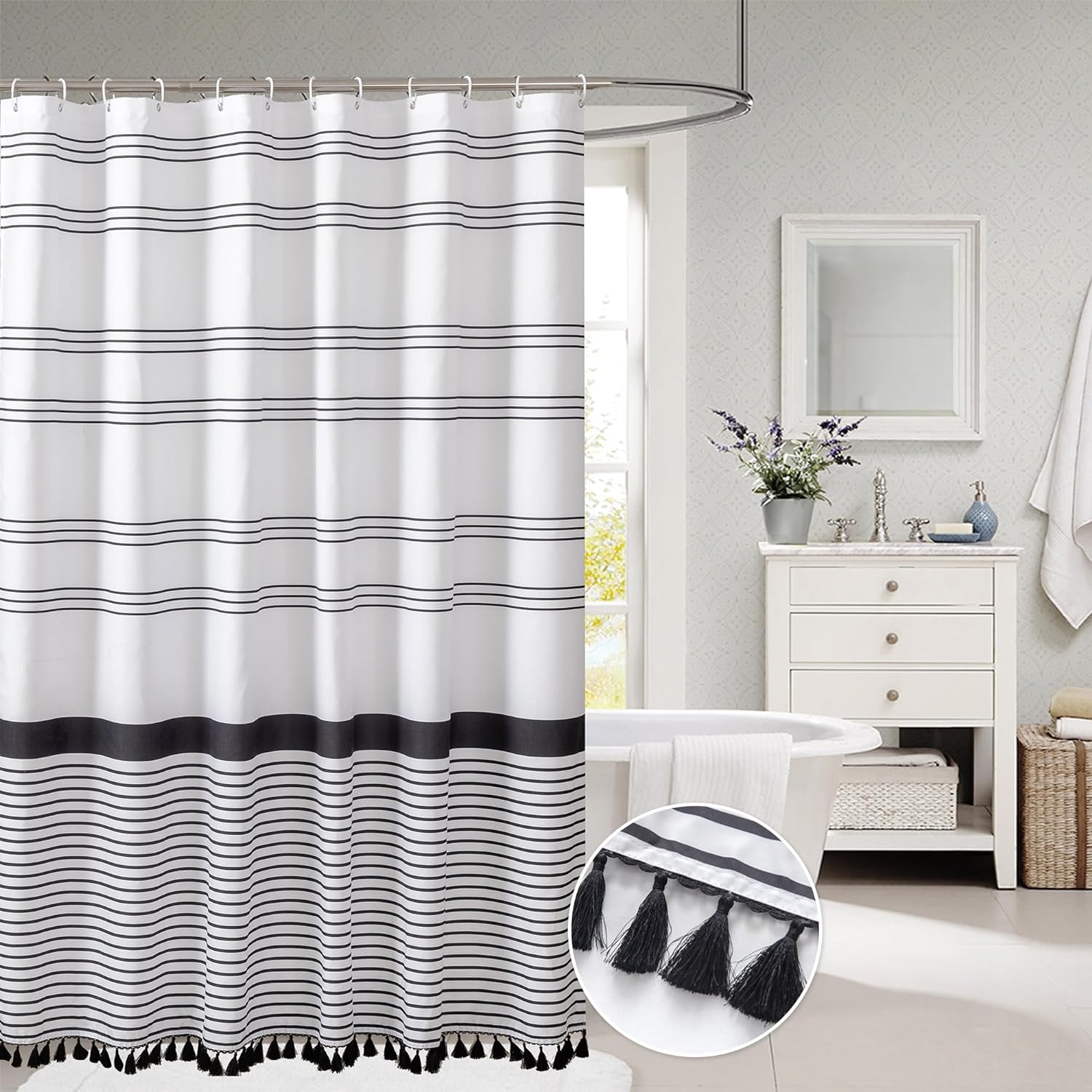 Microfiber Soft Fabric Waterproof Shower Curtain Farmhouse Black and White Striped 72"x72" Sets with Black Boho Tassels Modern Classics Curtains for Bathroom