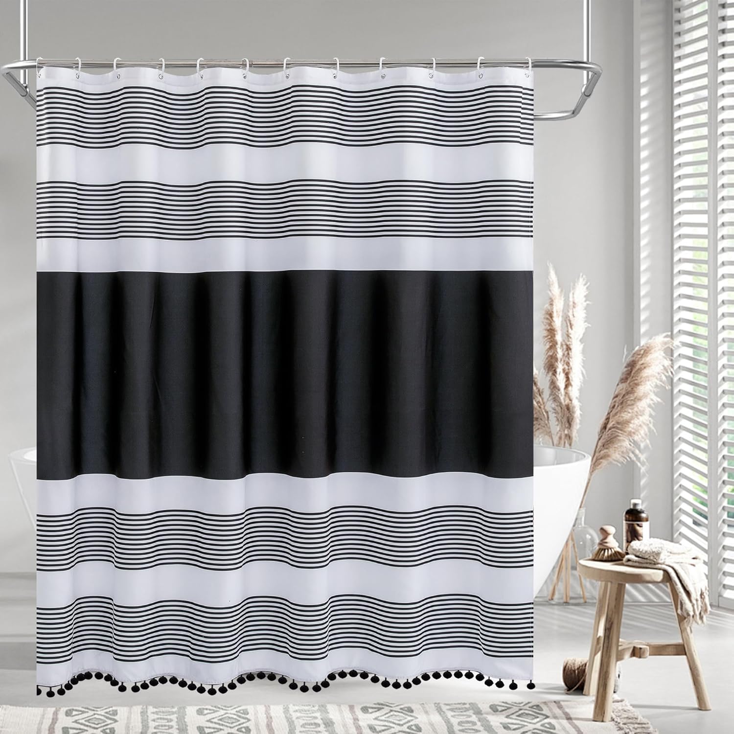 72"x72" Fabric Luxury Farmhouse Black and White Stripes Curtain with Pompom Linen Black Boho Modern Classics Striped Curtains for Bathroom