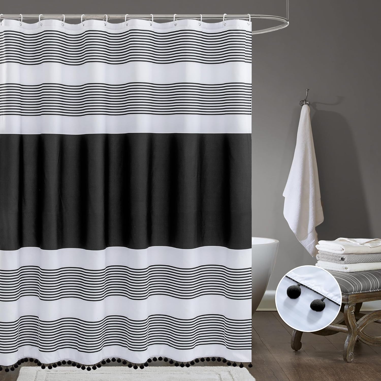 72"x72" Fabric Luxury Farmhouse Black and White Stripes Curtain with Pompom Linen Black Boho Modern Classics Striped Curtains for Bathroom