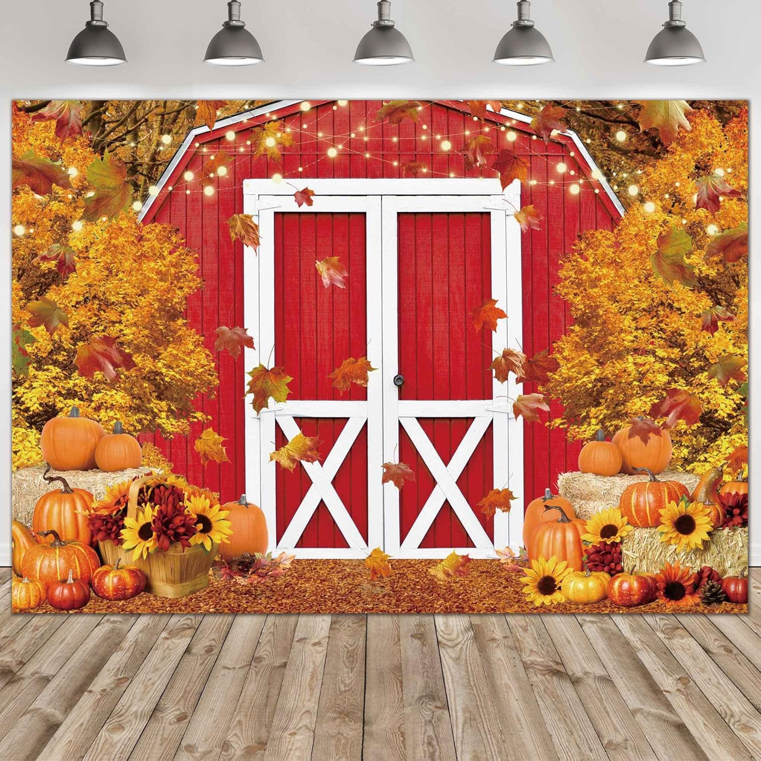 Fall Harvest Red Farm Backdrop for Photography Autumn Pumpkin Maple Leaves Background Thanksgiving Day