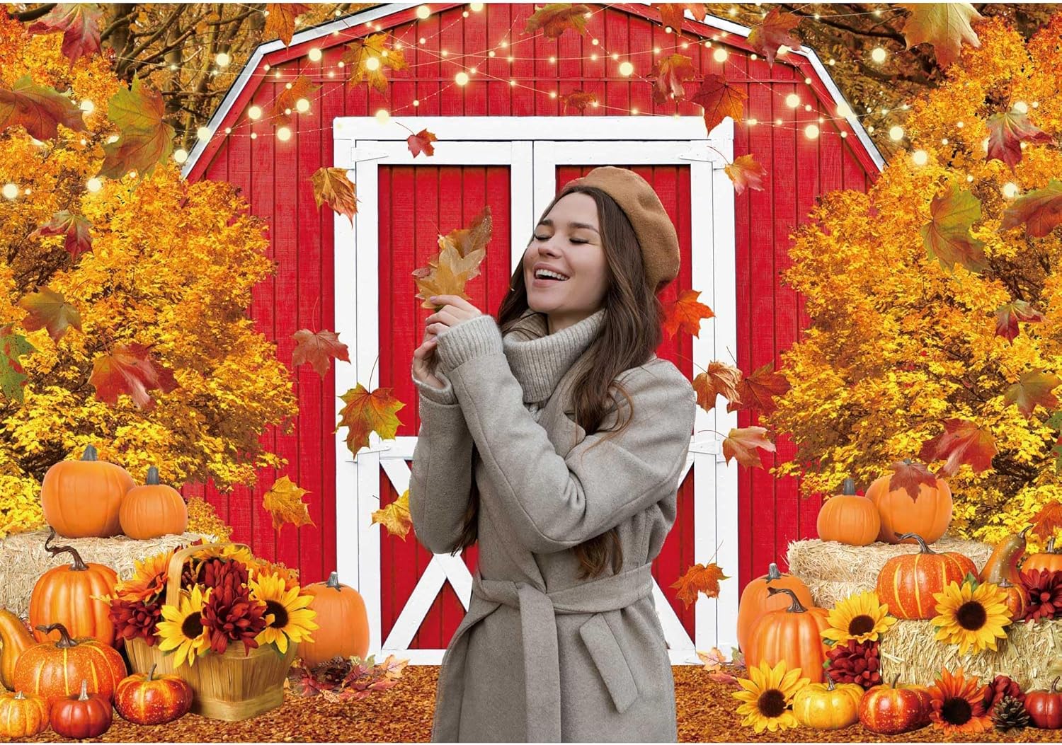 Fall Harvest Red Farm Backdrop for Photography Autumn Pumpkin Maple Leaves Background Thanksgiving Day