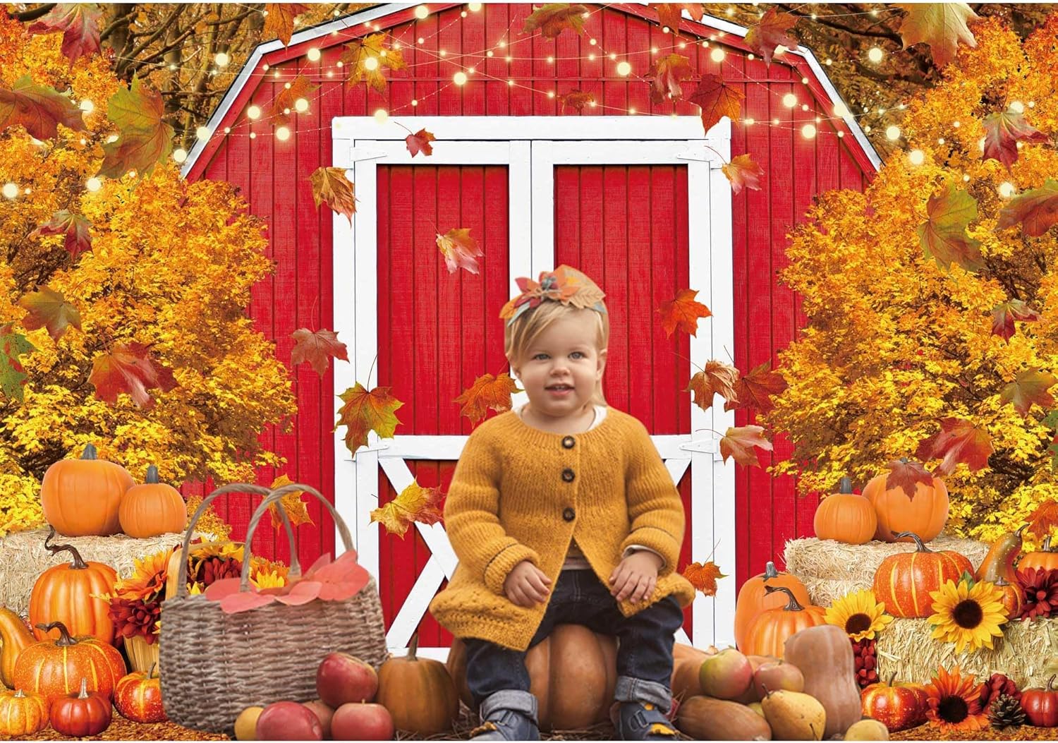 Fall Harvest Red Farm Backdrop for Photography Autumn Pumpkin Maple Leaves Background Thanksgiving Day