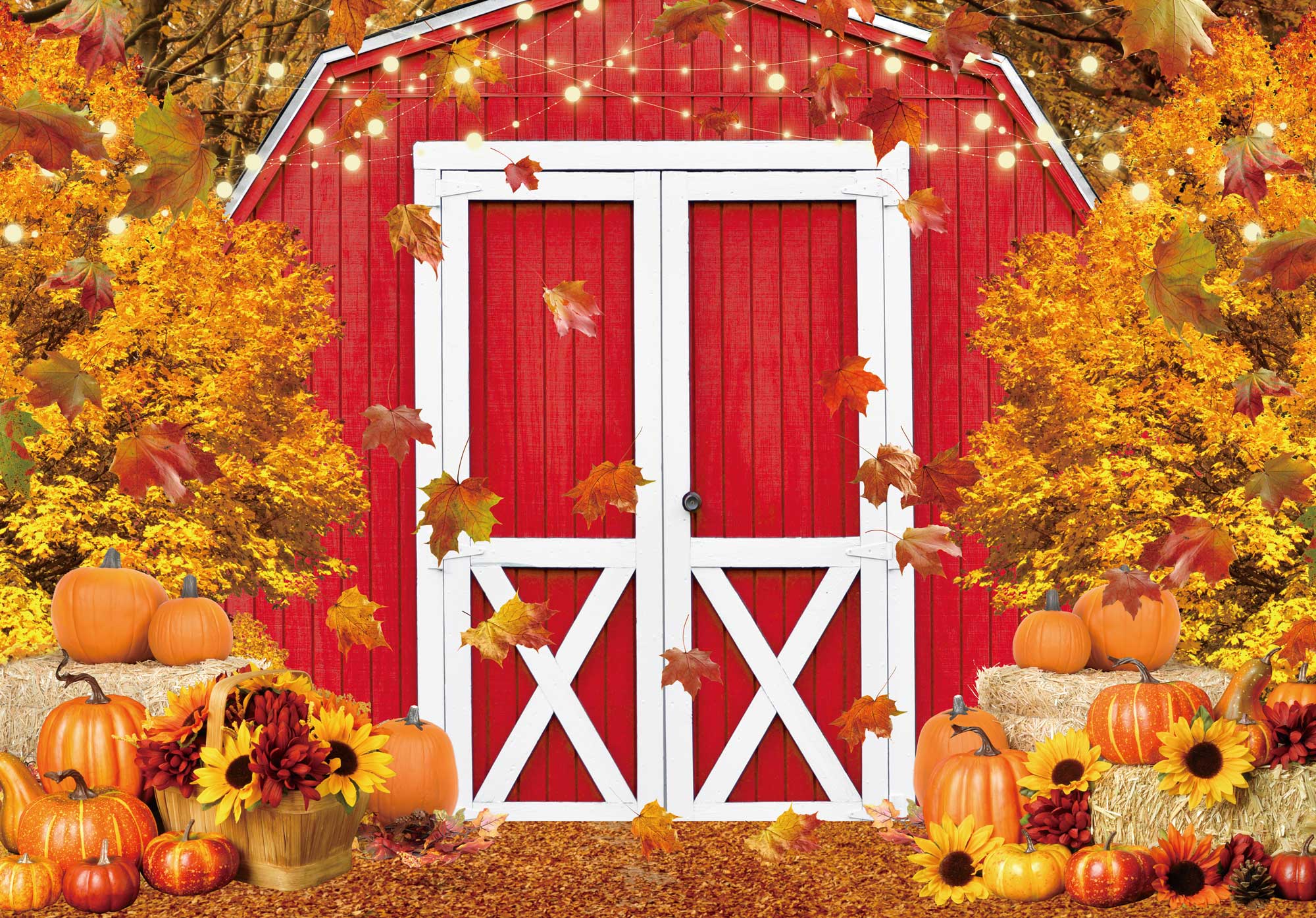 Fall Harvest Red Farm Backdrop for Photography Autumn Pumpkin Maple Leaves Background Thanksgiving Day