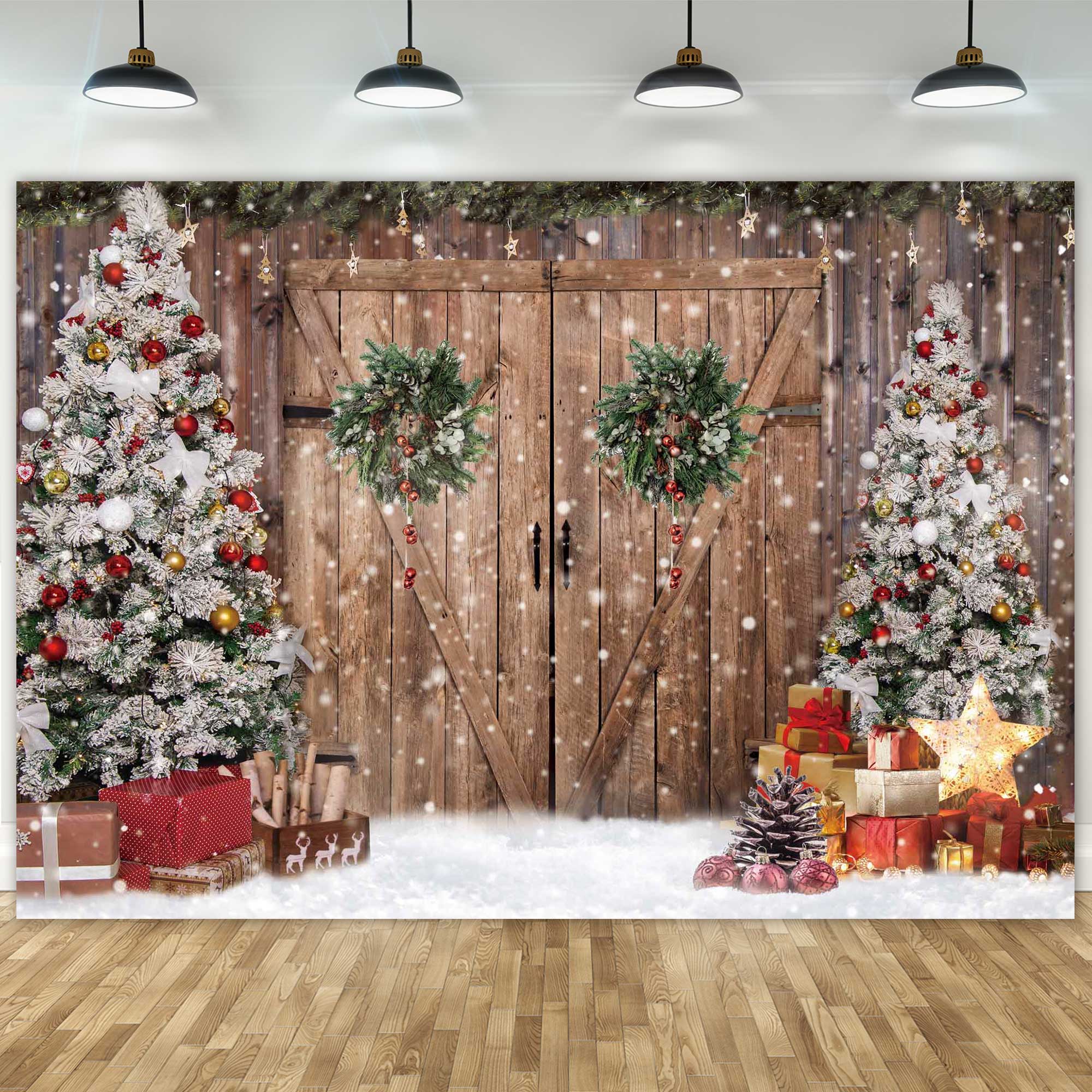 Winter Christmas Rustic Barn Wood Door Photography Backdrop for Party Decorations