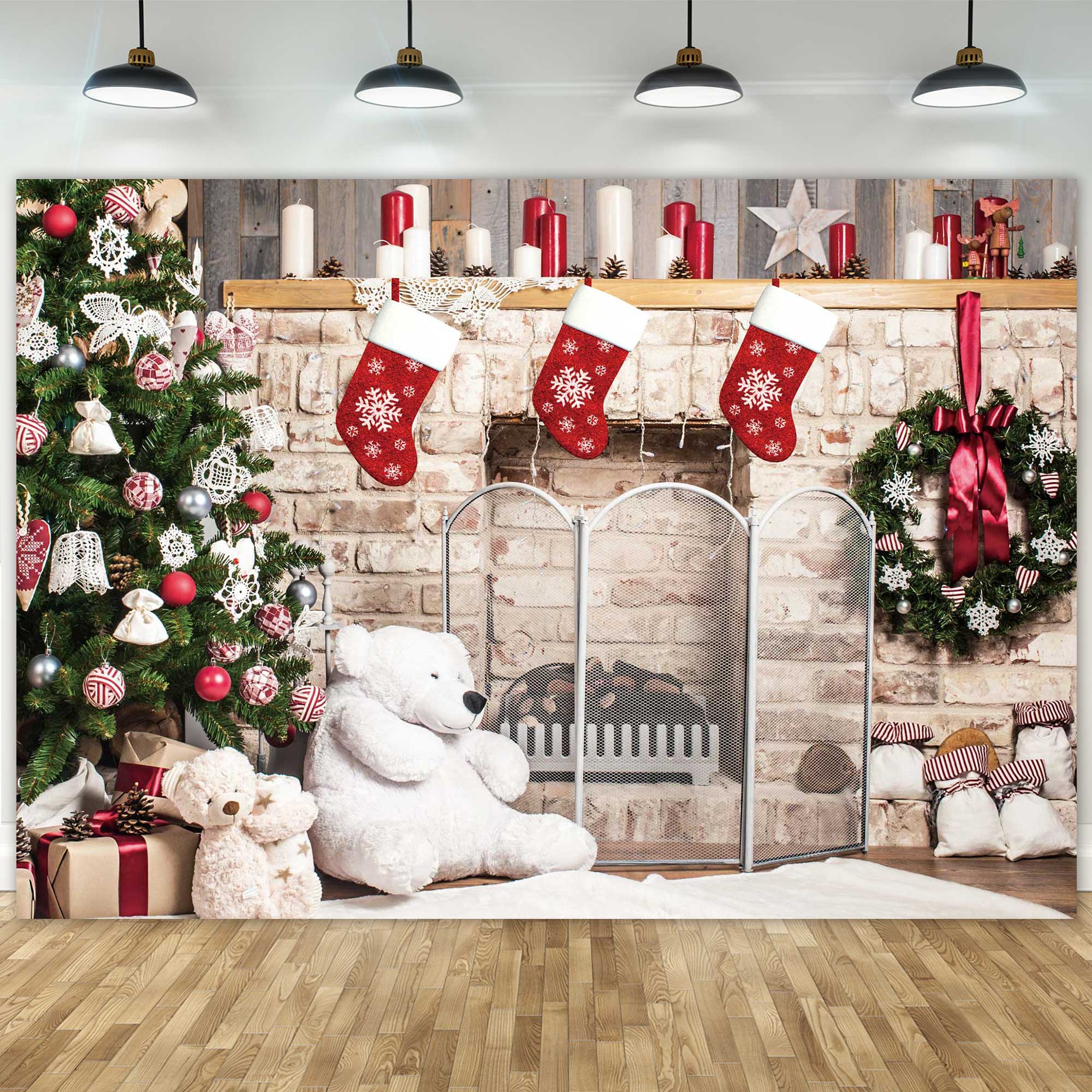 Christmas Fireplace Backdrop for Photography Decorations Party Photo Background