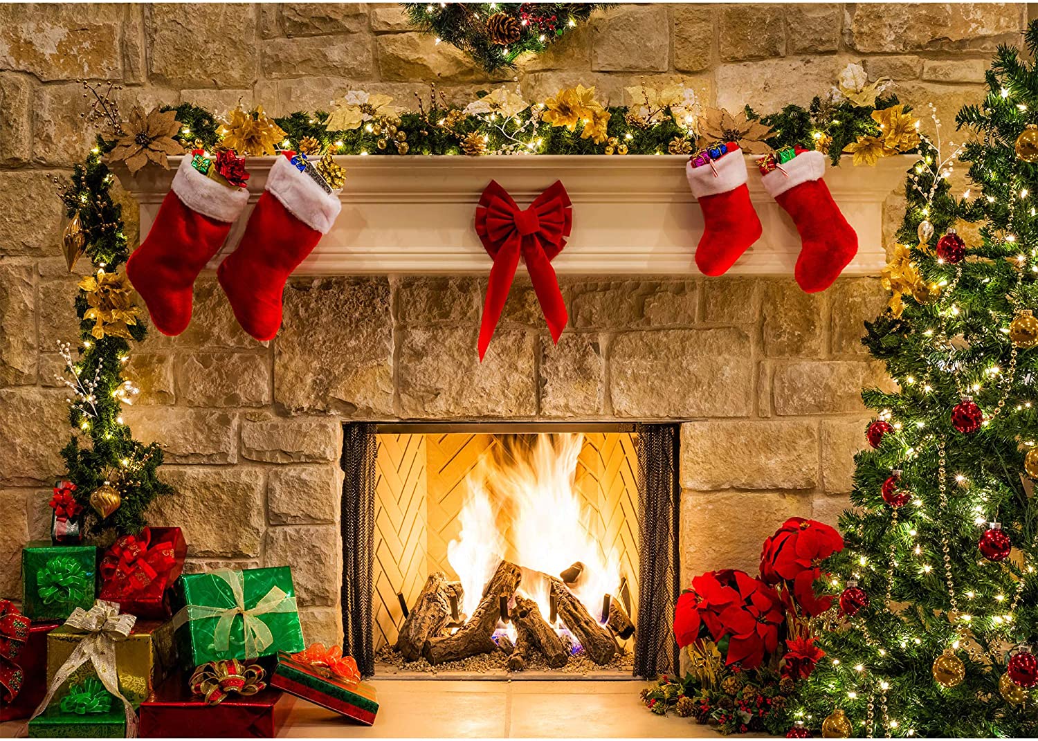 Christmas Fireplace Backdrop Photo Background Decorations